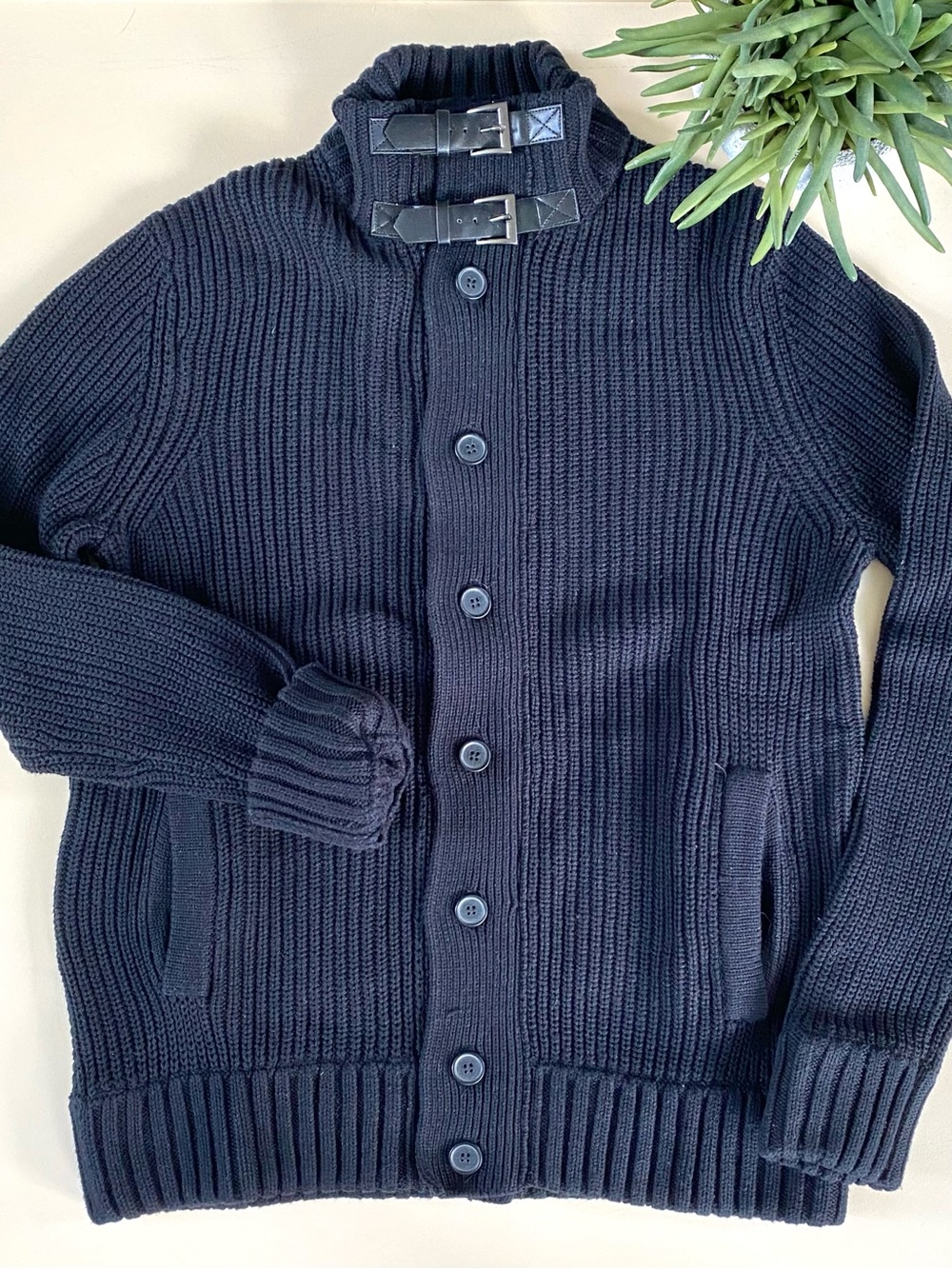 KENNETH COLE - Turtleneck Sweater Cardigan with Leather Buckles